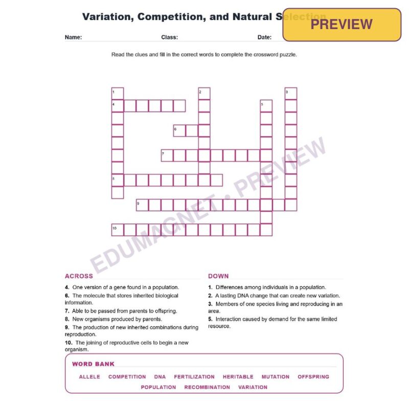 Variation Competition And Natural Selection (Crossword Worksheets) Grade 8 NGSS MS LS4 4
