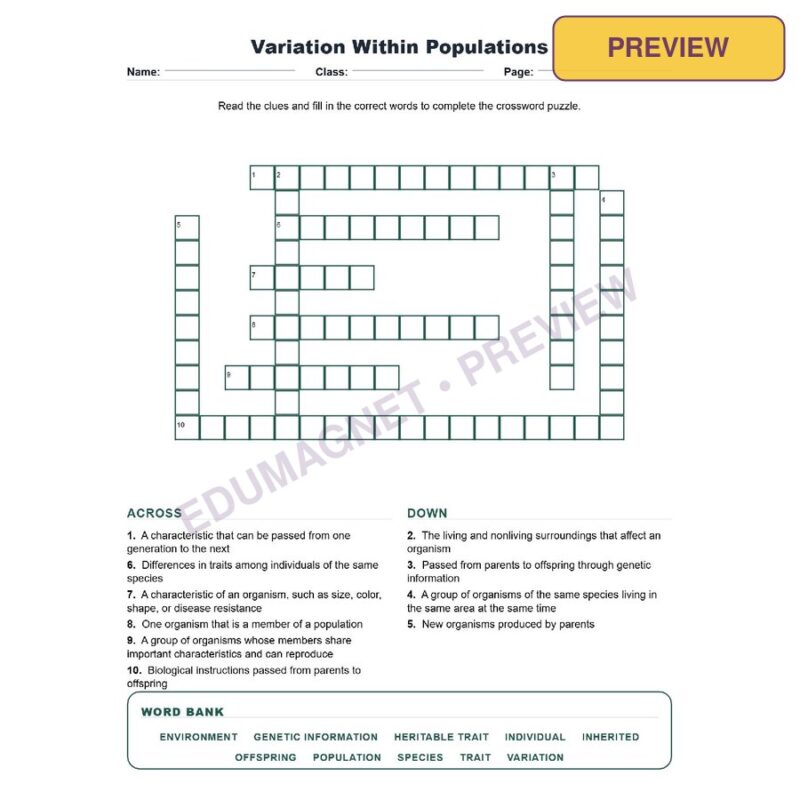 Variation Within Populations (Crossword Worksheets) Virginia SOL LS.11
