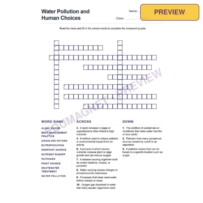 Water Pollution And Human Choices (Crossword Worksheets) Grade 7 NGSS
