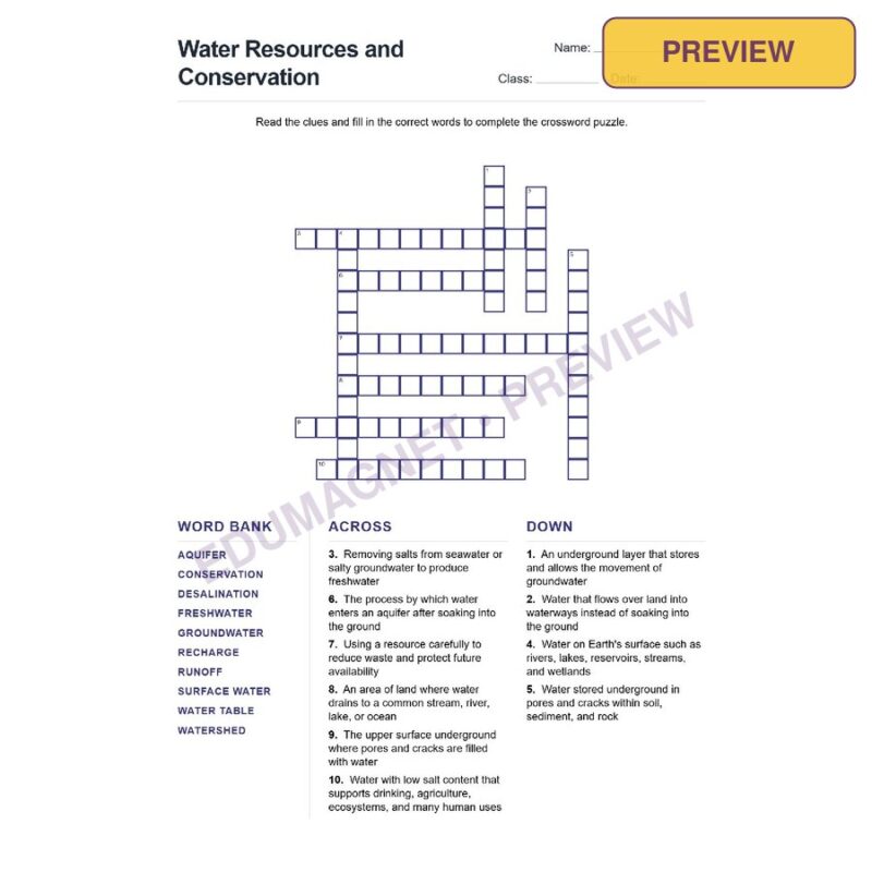 Water Resources And Conservation (Crossword Worksheets) Grade 7 NGSS