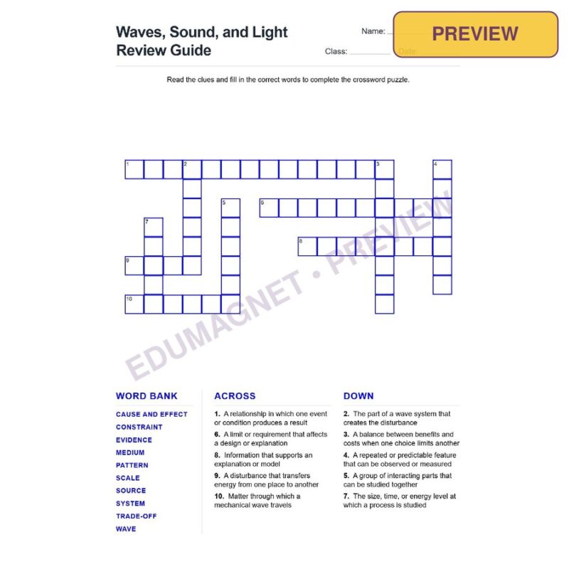 Waves Sound And Light Review Guide (Crossword Worksheets) Grade 7 NGSS