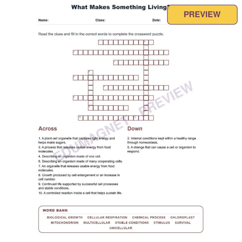 What Makes Something Living (Crossword Worksheets) Virginia Grade 7 Life Science SOL LS.2 (1)