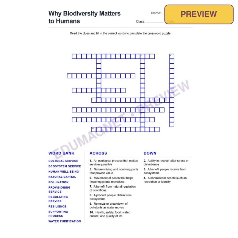 Why Biodiversity Matters To Humans (Crossword Worksheets) Grade 7 NGSS