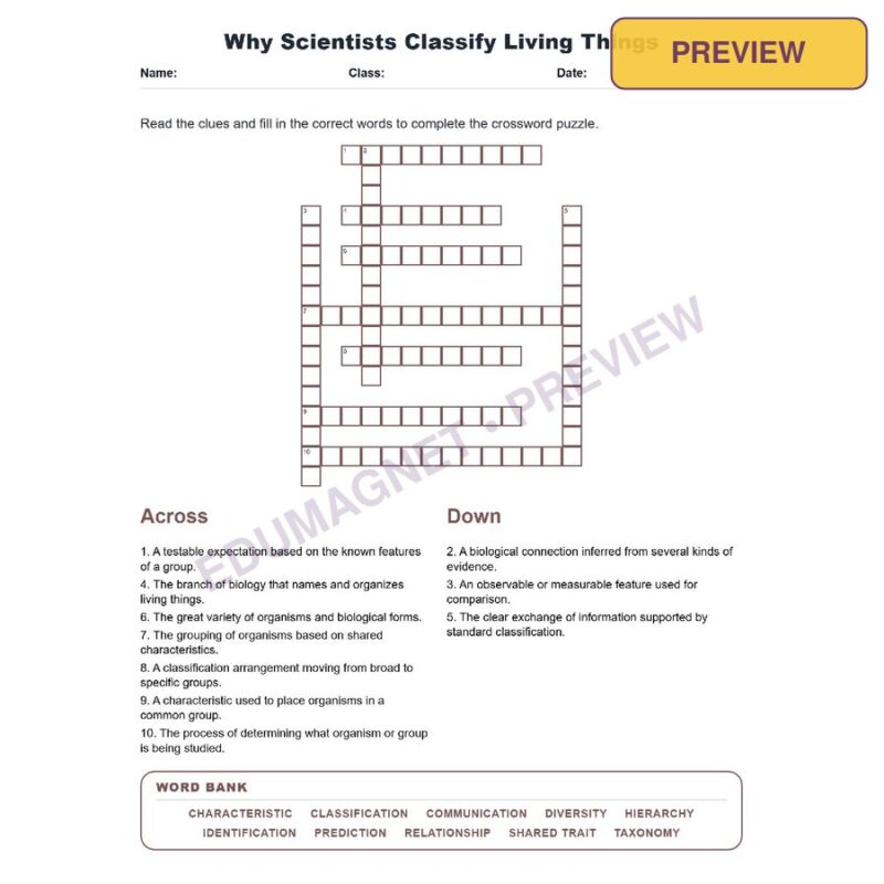 Why Scientists Classify Living Things (Crossword Worksheets) Virginia SOL LS.3c