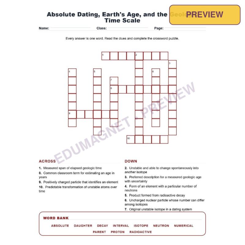 Absolute Dating, Earth S Age, And The Geologic Time Scale (Crossword Worksheets) Grade 8 NGSS Unit 8