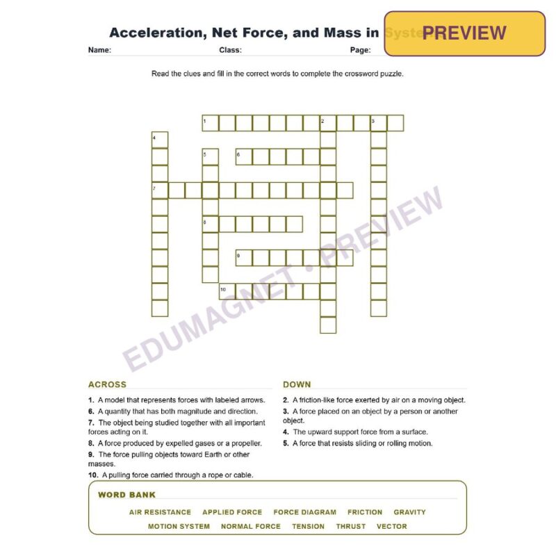 Acceleration, Net Force, And Mass In Systems (Crossword Worksheets) Science TEKS 8.7A