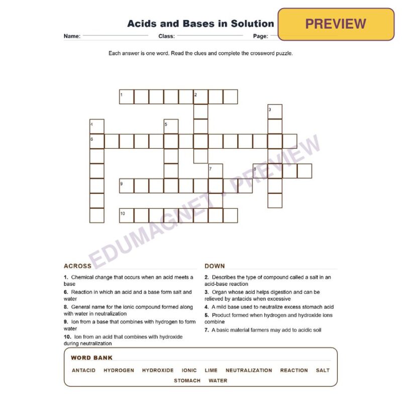 Acids And Bases In Solution (Crossword Worksheets) Grade 8 Science