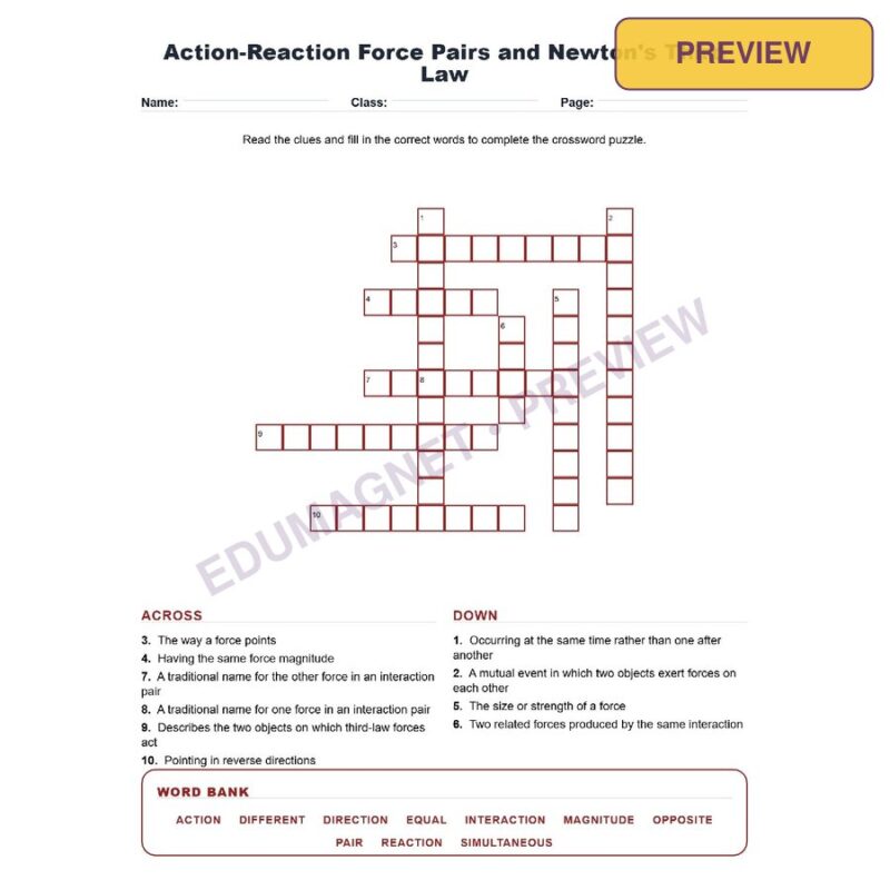 Action Reaction Force Pairs And Newton S Third Law (Crossword Worksheets) NGSS MS PS2 1