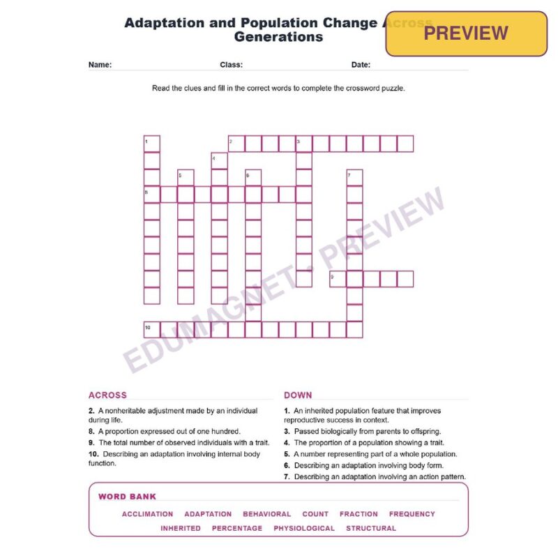 Adaptation And Population Change Across Generations (Crossword Worksheets) Grade 8 NGSS MS LS4 6