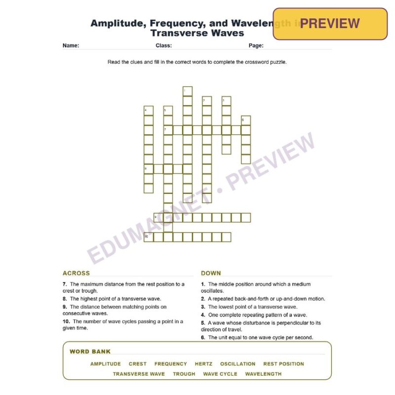 Amplitude, Frequency, And Wavelength In Transverse Waves (Crossword Worksheets) Science TEKS 8.8A