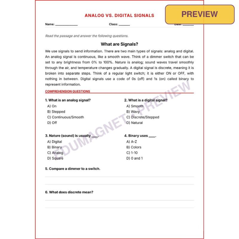 Analog Vs. Digital Signals G8 NGSS Worksheets