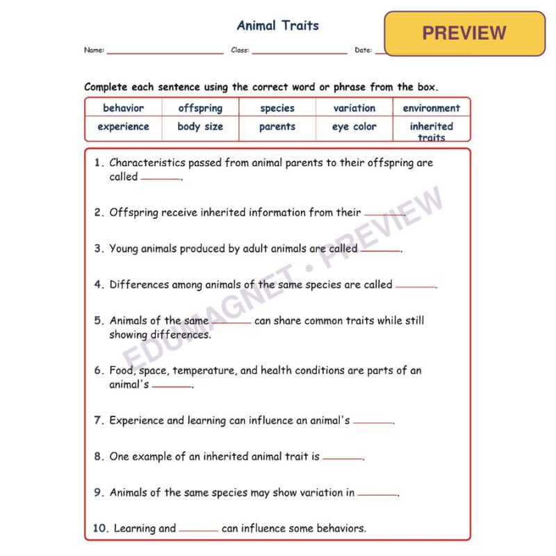 Animal Traits Fill MCQ Written Exit Tickets Worksheet NGSS Grade 3