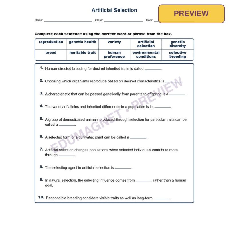 Artificial Selection Fill MCQ Written Exit Tickets Worksheet NGSS Grade 8