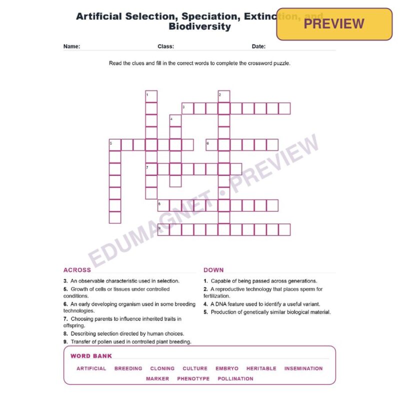 Artificial Selection Speciation Extinction And Biodiversity (Crossword Worksheets) Grade 8 NGSS MS LS4 5
