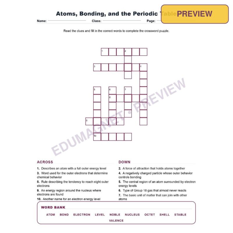Atoms Bonding And Periodic Table (Crossword Worksheets) Grade 8 Science