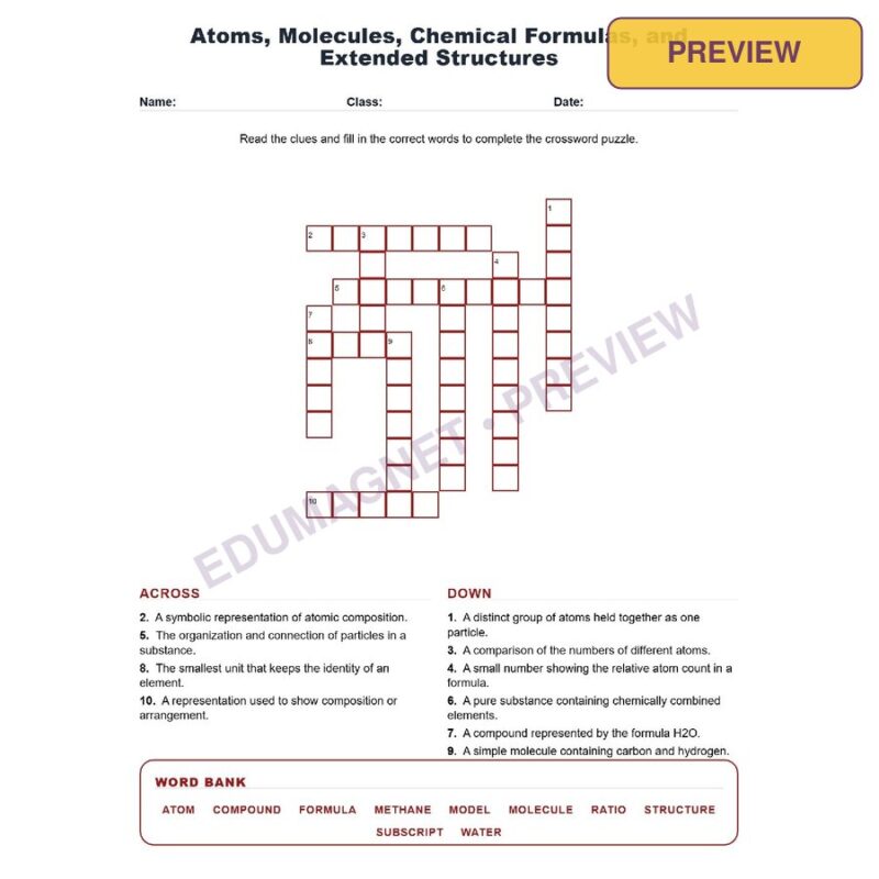 Atoms Molecules Chemical Formulas And Extended Structures (Crossword Worksheets) Grade 8 NGSS MS PS1 1