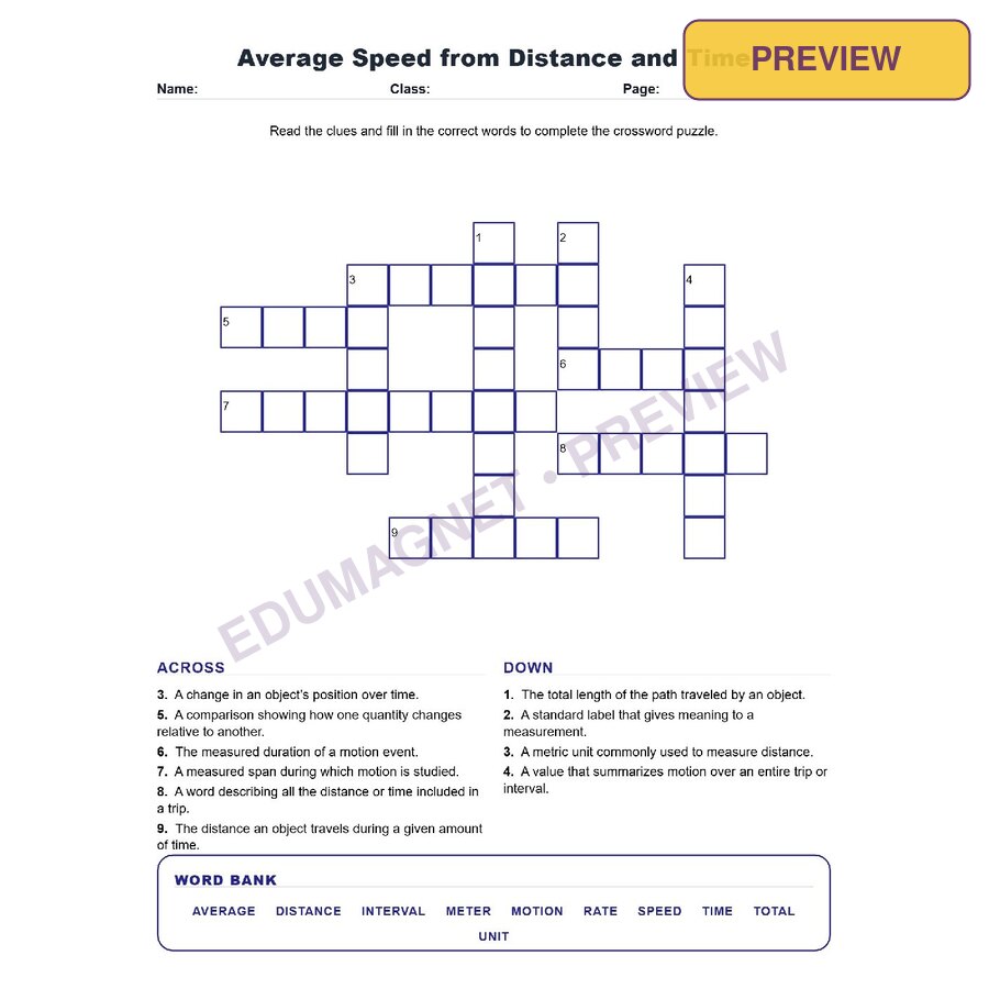 Average Speed From Distance And Time (Crossword Worksheets) Science TEKS 7.7A