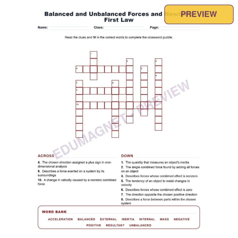 Balanced And Unbalanced Forces And Newton S First Law (Crossword Worksheets) NGSS MS PS2 2