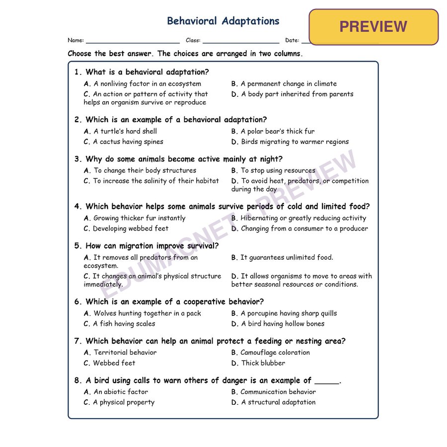Behavioral Adaptations Life Science Virginia SOL LS.7B MCQ Fill Short Exit Works