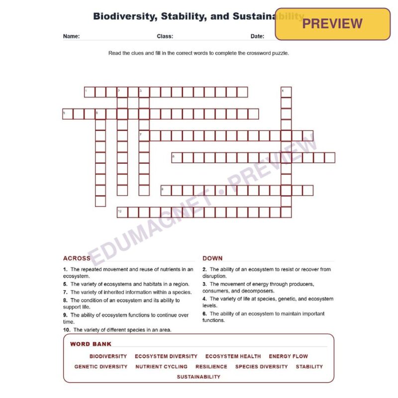 Biodiversity, Stability, And Sustainability (Crossword Worksheets) Grade 8 Science TEKS 8.12C
