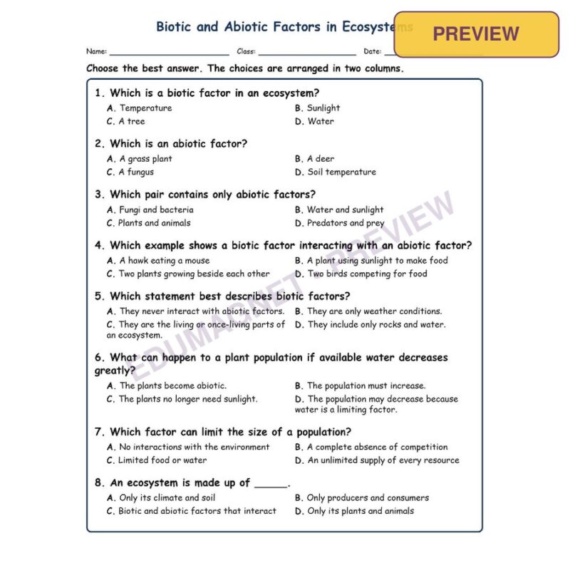 Biotic And Abiotic Factors In Ecosystems Life Science Virginia SOL LS.7A MCQ Fil