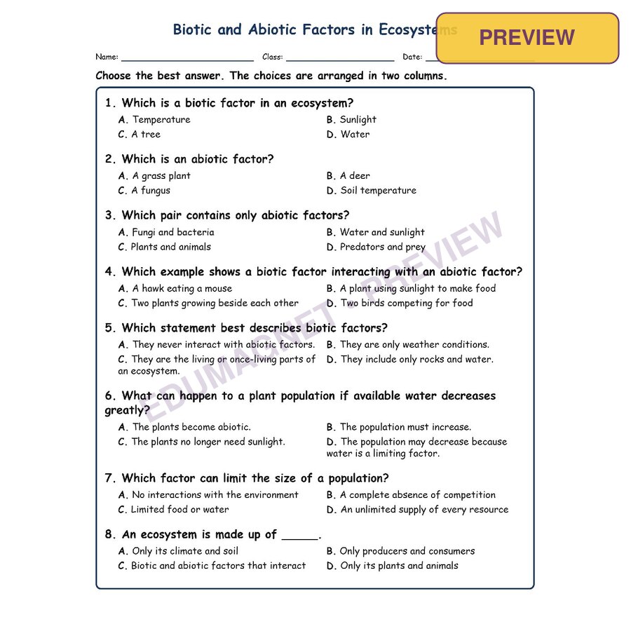 Biotic And Abiotic Factors In Ecosystems Life Science Virginia SOL LS.7A MCQ Fil