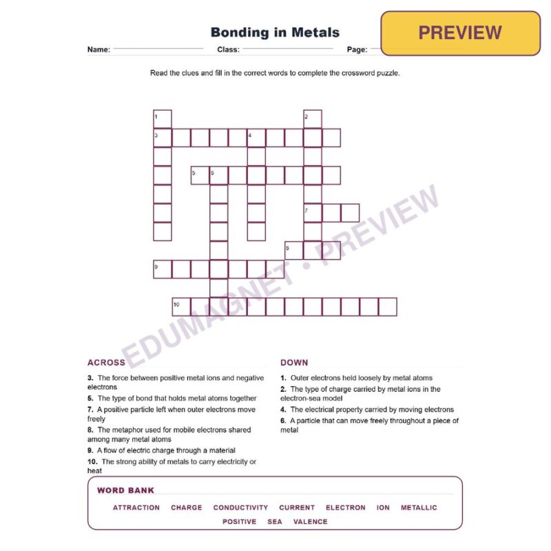 Bonding In Metals (Crossword Worksheets) Grade 8 Science
