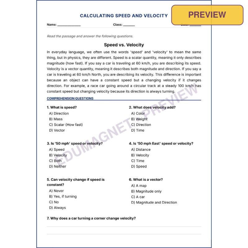 Calculating Speed And Velocity NGSS G8 Worksheets