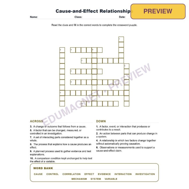 Cause And Effect Relationships (Crossword Worksheets) Grade 8 Science TEKS 8.5B