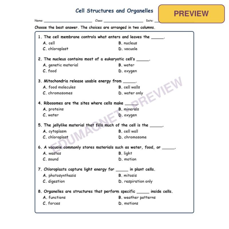 Cell Structures Fill MCQ Written Exit Tickets Worksheet SOL Life Science
