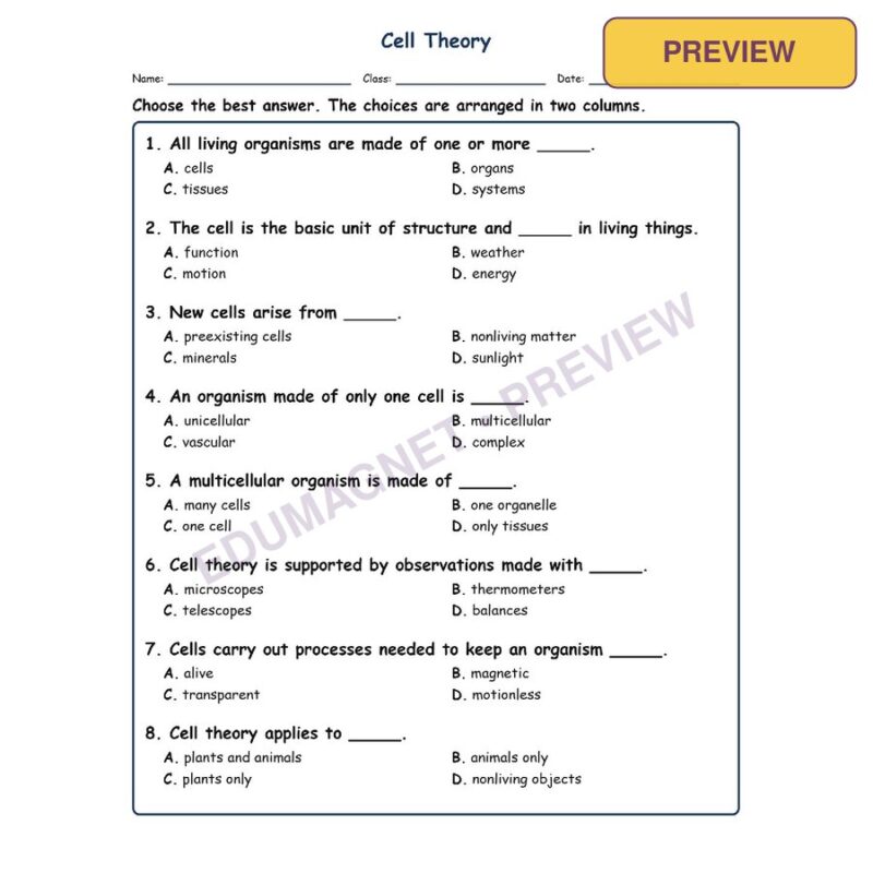Cell Theory Fill MCQ Written Exit Tickets Worksheet SOL Life Science