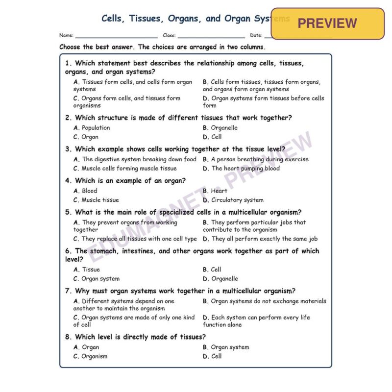 Cells, Tissues, Organs, And Organ Systems Life Science Virginia SOL LS.3A MCQ Fi