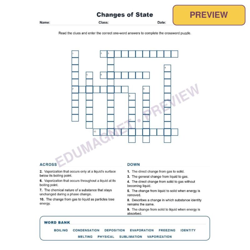 Changes Of State Crossword Worksheets Grade 8 Science