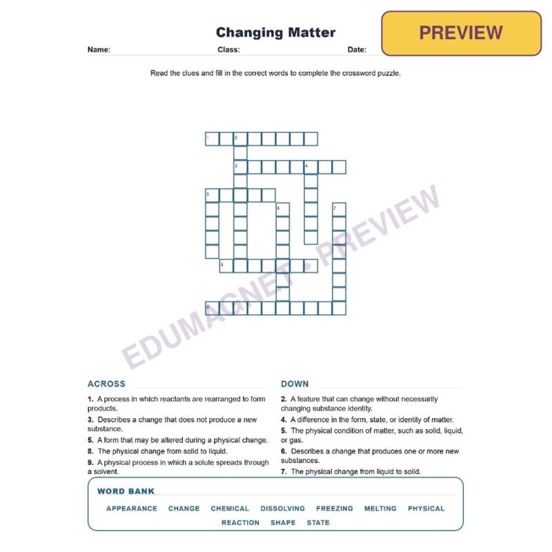 Changing Matter (Crossword Worksheets) Grade 8 Science