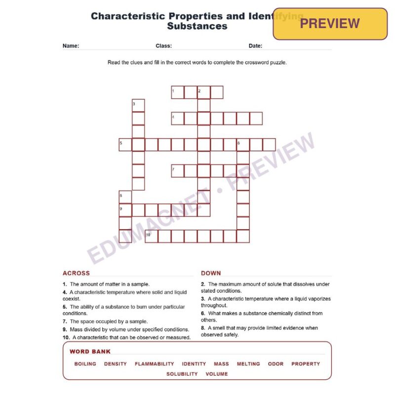 Characteristic Properties And Identifying Substances (Crossword Worksheets) Grade 8 NGSS MS PS1 2