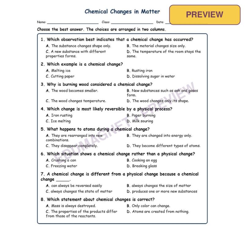 Chemical Changes In Matter Physical Science Virginia SOL PS.3B MCQ Fill Short Ex