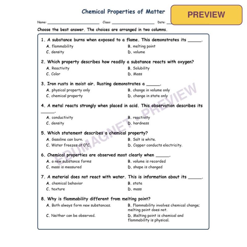 Chemical Fill MCQ Written Exit Tickets Worksheet SOL Physical Science