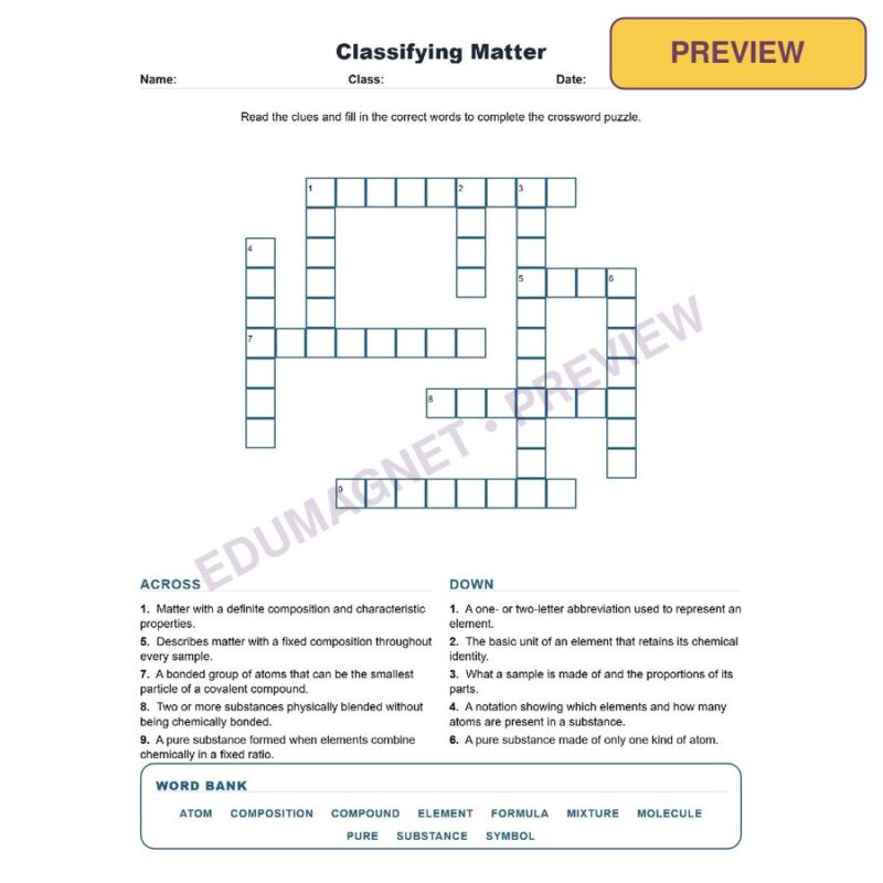 Classifying Matter (Crossword Worksheets) Grade 8 Science