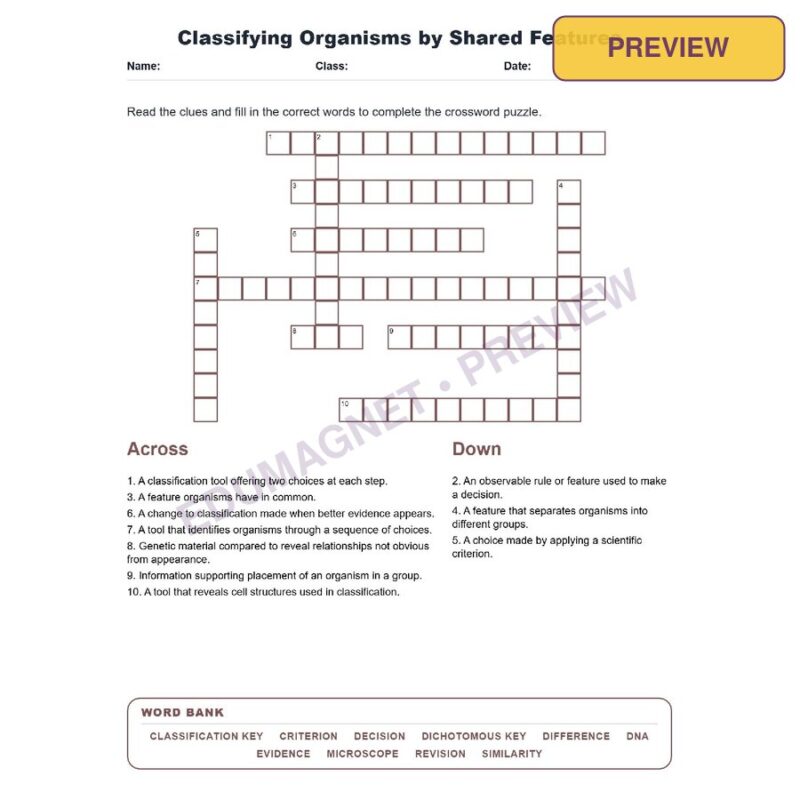 Classifying Organisms By Shared Features (Crossword Worksheets) Virginia SOL LS.3c