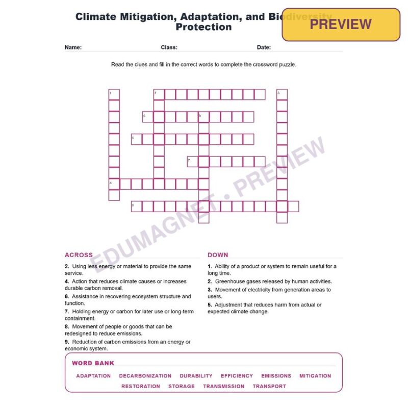 Climate Mitigation Adaptation And Biodiversity Protection (Crossword Worksheets) Grade 8 NGSS MS ESS3 3 And MS ESS3 5