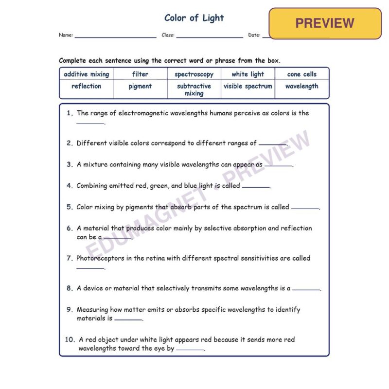 Color Of Light Fill MCQ Written Exit Tickets Worksheet NGSS Grade 8