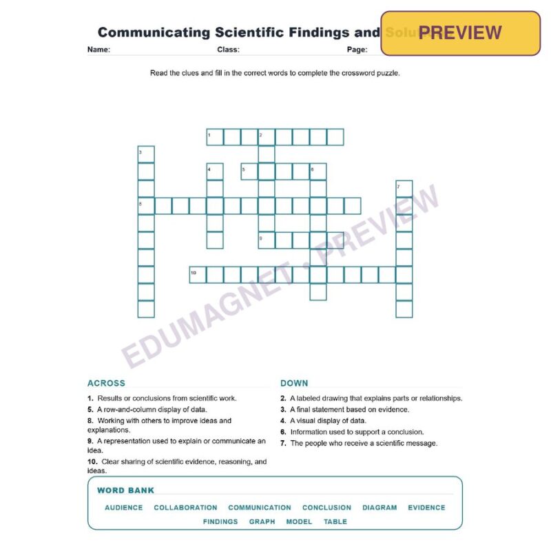 Communicating Scientific Findings And Solutions (Crossword Worksheets) Science TEKS 8.3B