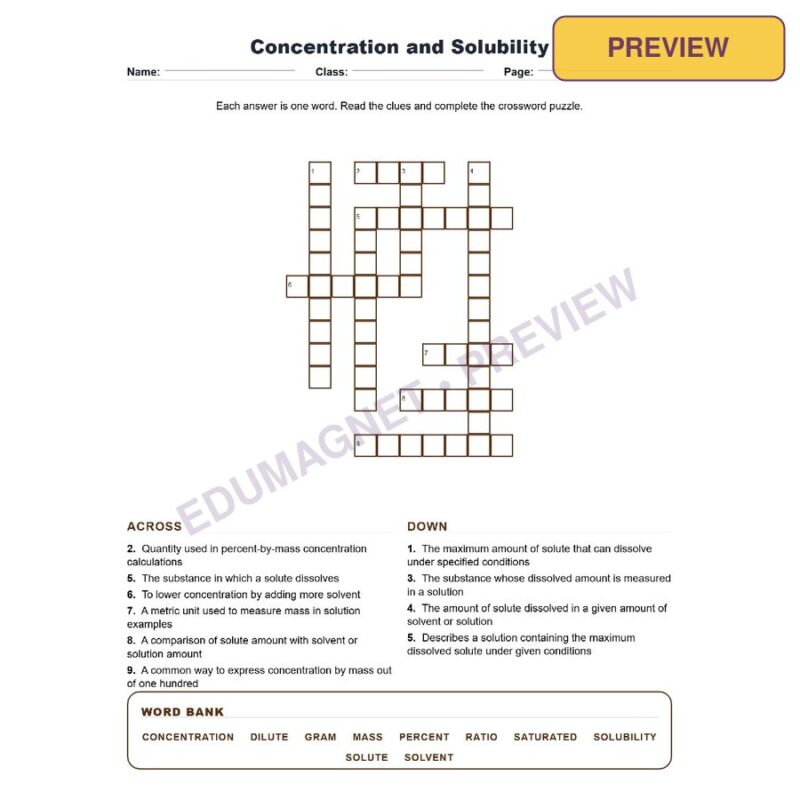Concentration And Solubility (Crossword Worksheets) Grade 8 Science