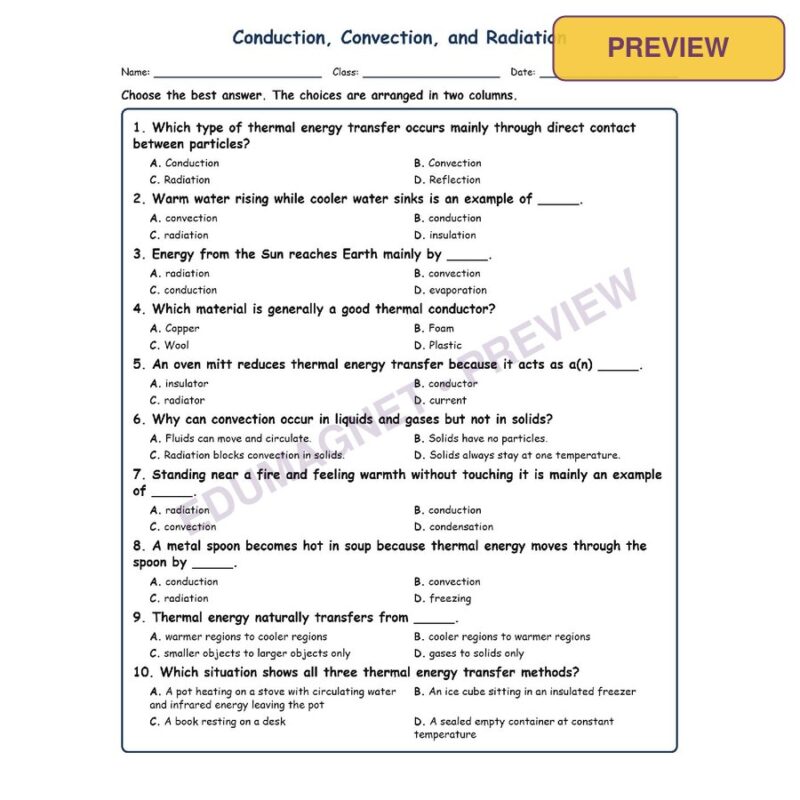 Conduction, Convection, And Radiation MCQ Fill Written Exit Tickets Workshee