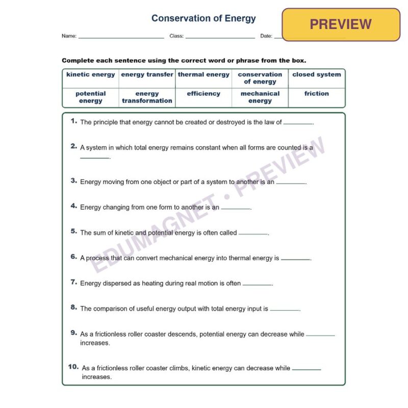 Conservation Of Energy Fill MCQ Written Exit Tickets Worksheet NGSS Grade 8