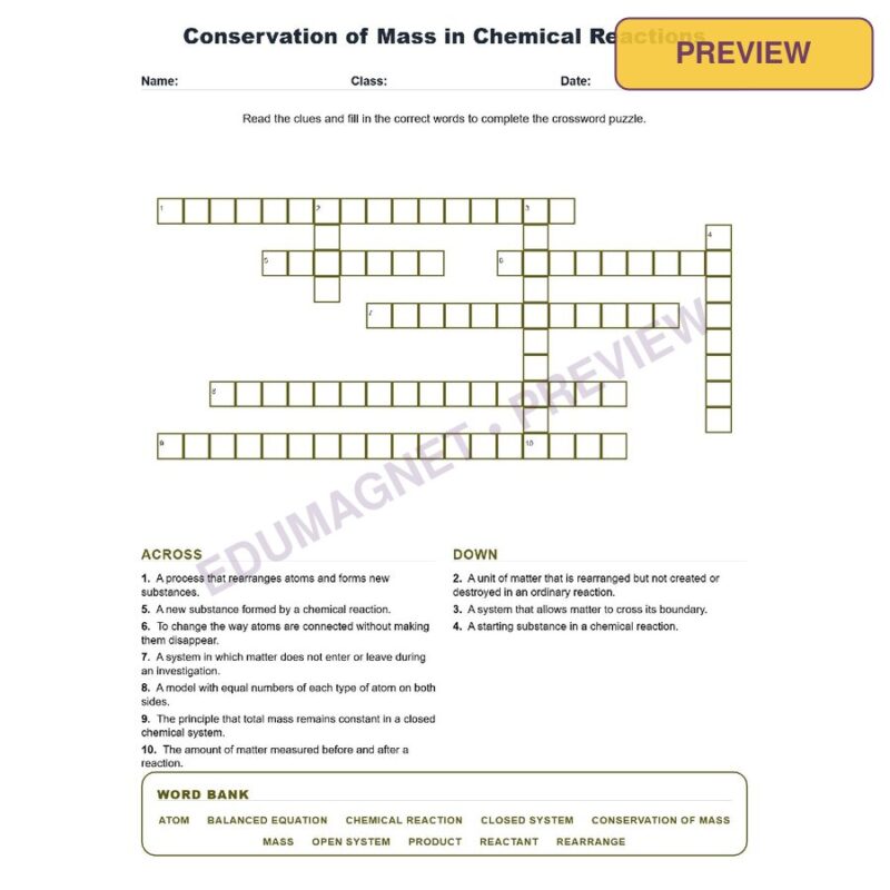 Conservation Of Mass In Chemical Reactions (Crossword Worksheets) Grade 8 Science TEKS 8.6E