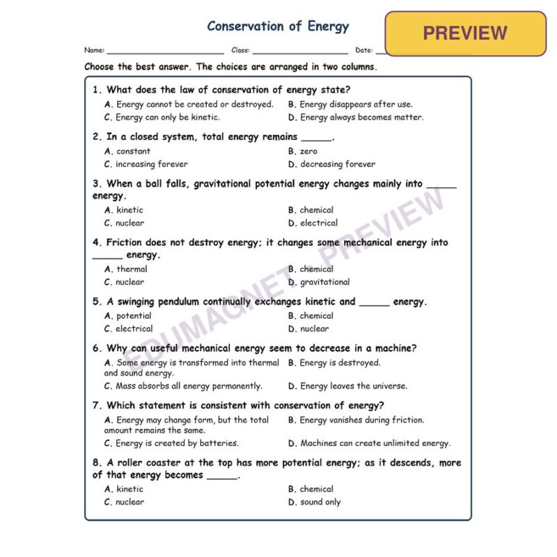 Conservation Of MCQs Fill Written Exit Tickets Worksheet SOL Physical Science