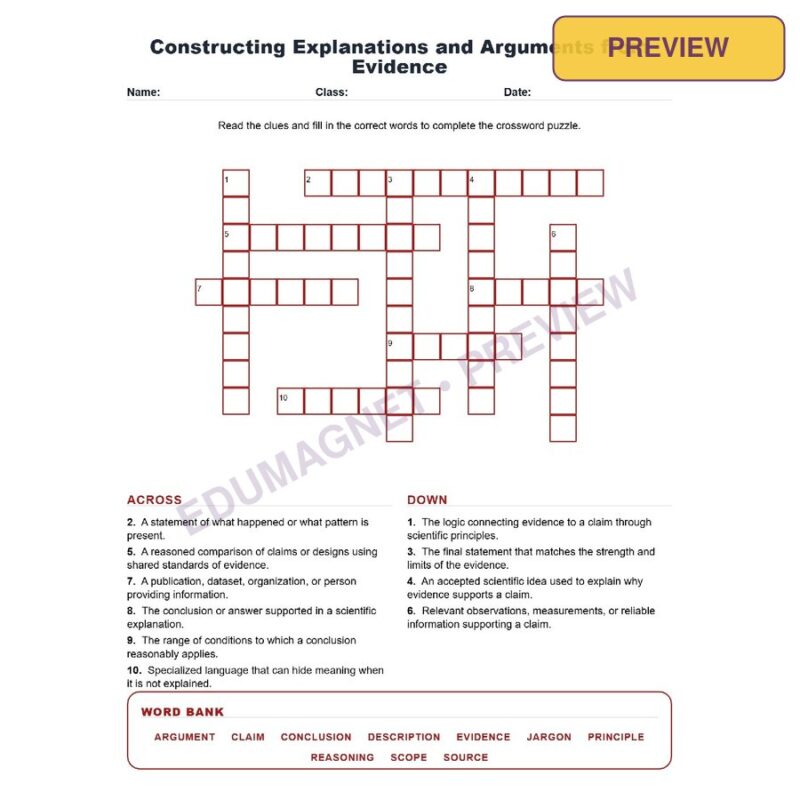 Constructing Explanations And Arguments From Evidence (Crossword Worksheets) NGSS SEP