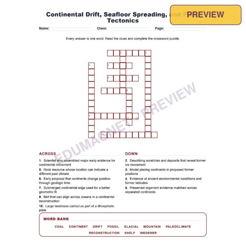 Continental Drift, Seafloor Spreading, And Plate Tectonics (Crossword Worksheets) Grade 8 NGSS Unit 8