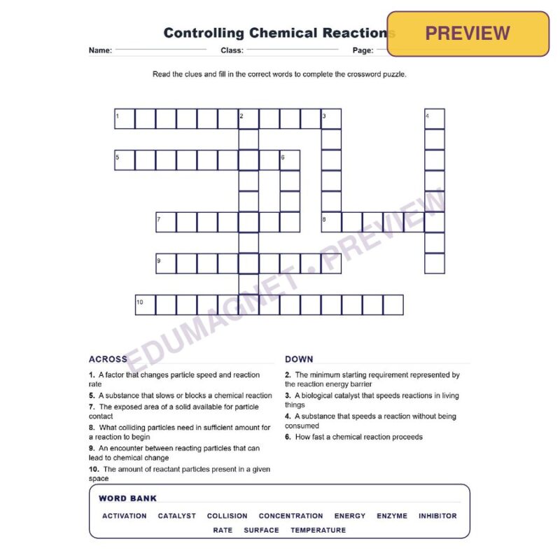 Controlling Chemical Reactions (Crossword Worksheets) Grade 8 Science Chapter 4